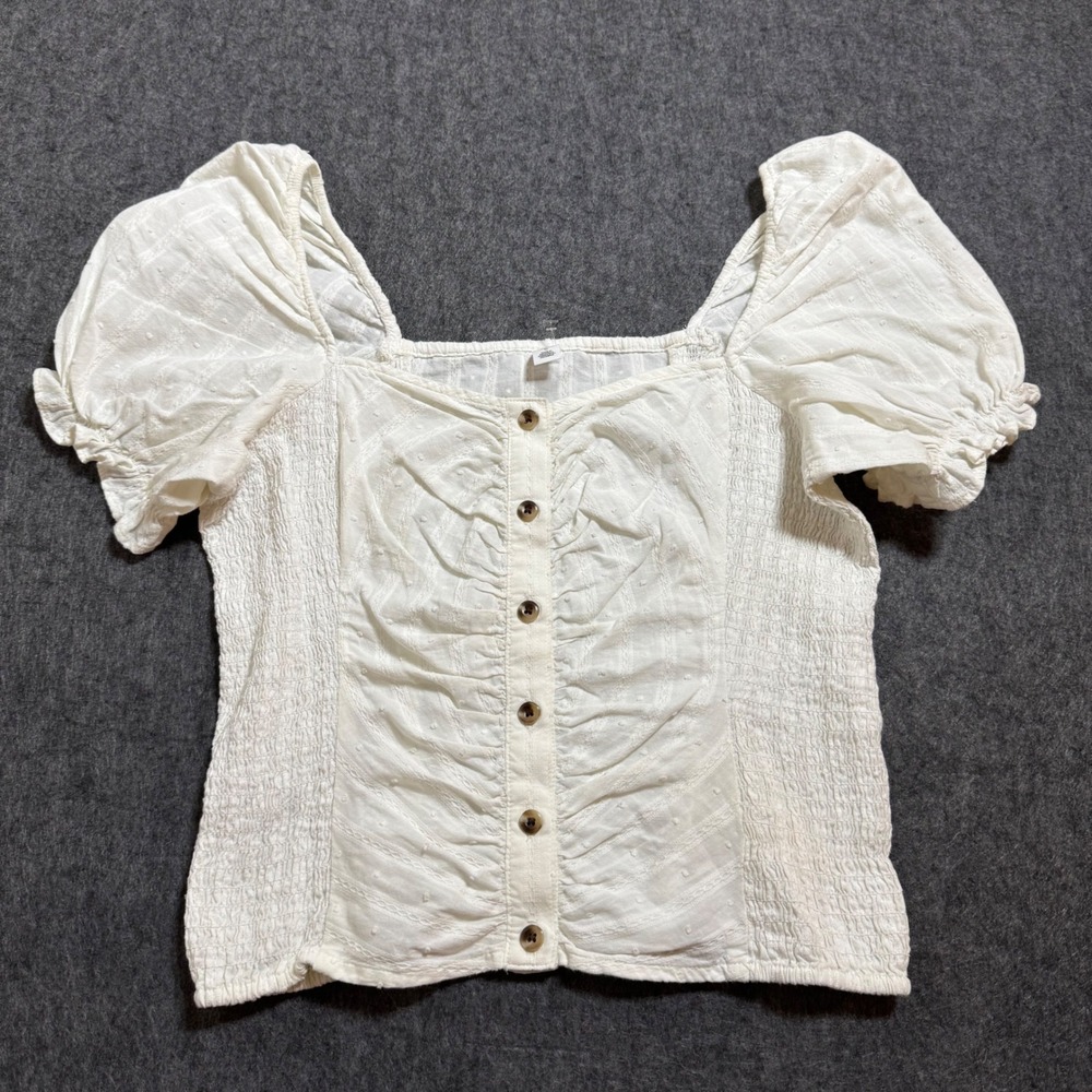 BP. White Swiss Dot Puff Sleeve Smocked Top Cottage Core Square Neck Small